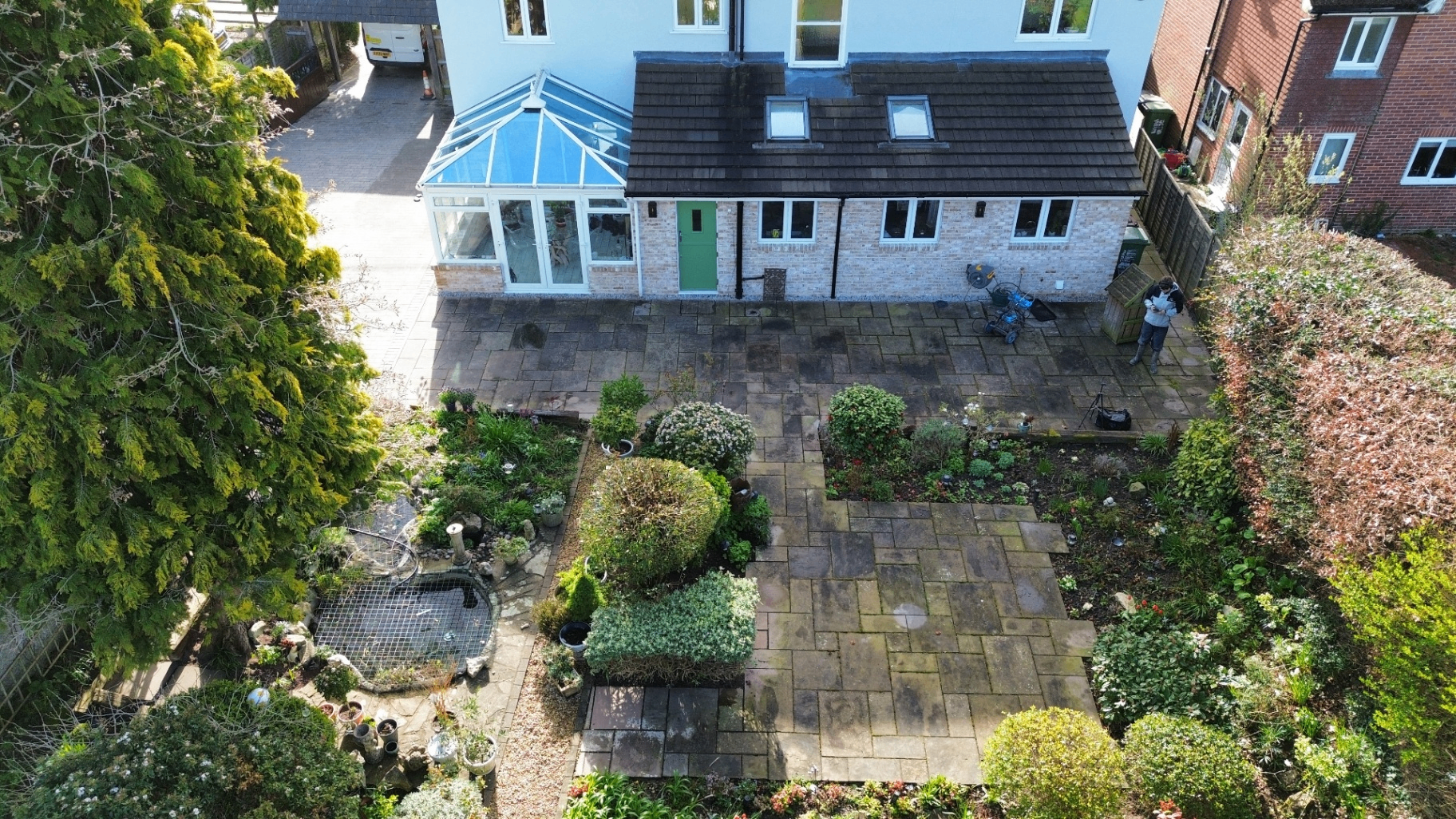 Aerial patio and garden view before cleaning
