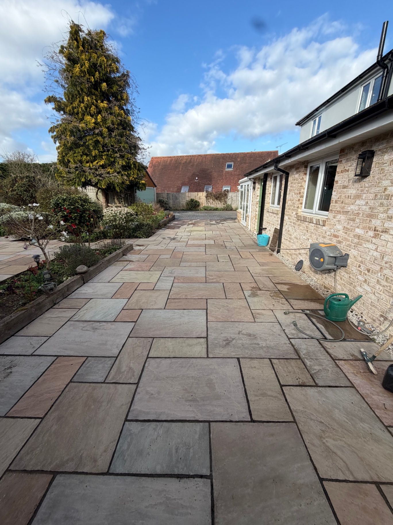 Long sandstone patio after cleaning