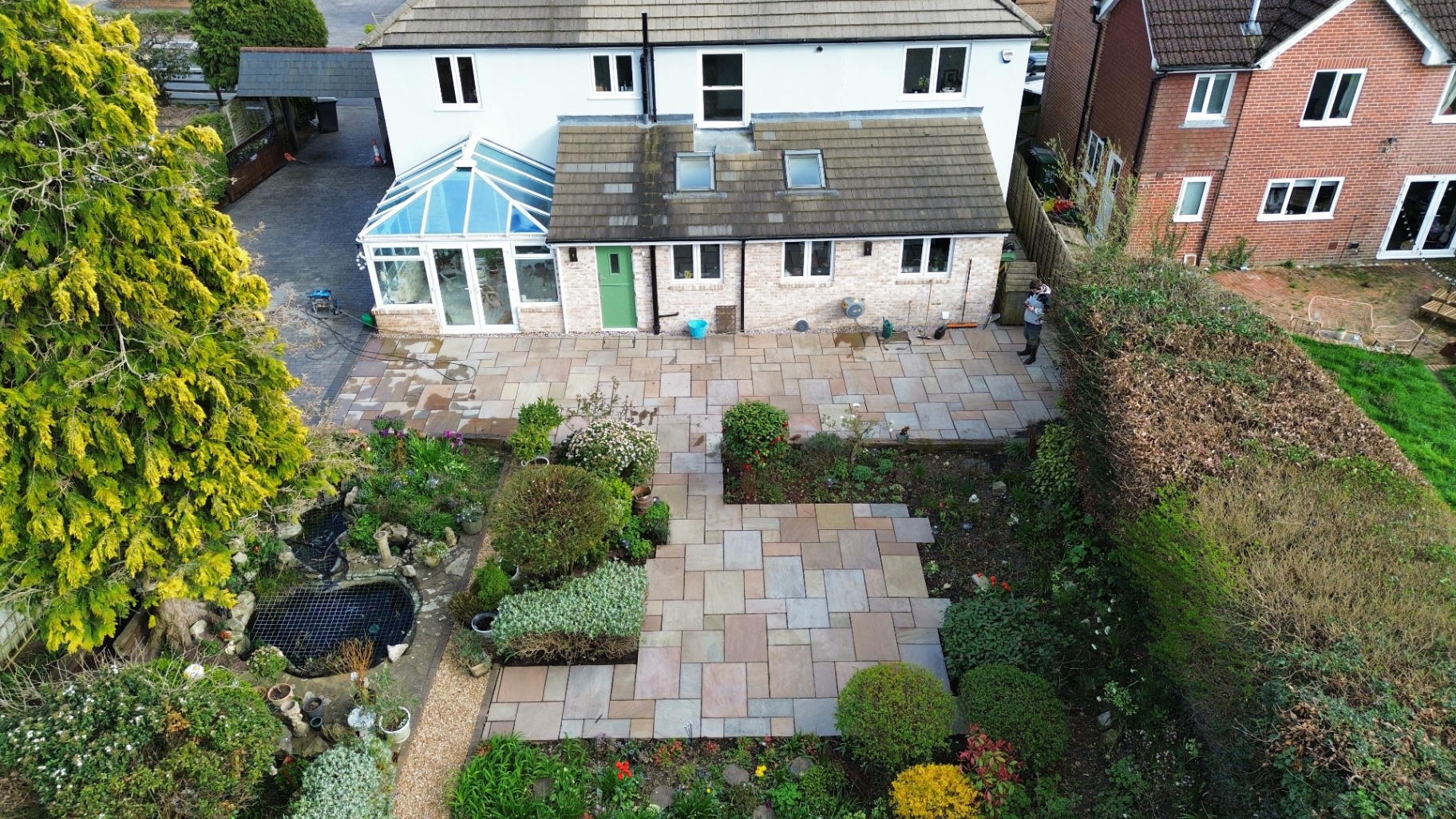 Drone view of an exterior cleaning project